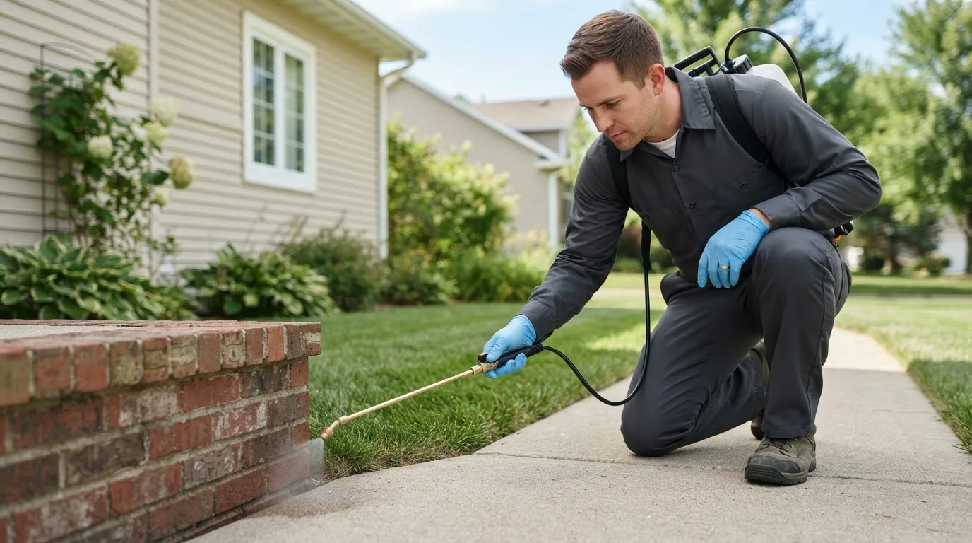 Pest control technician treating a home near Meshoppen, PA