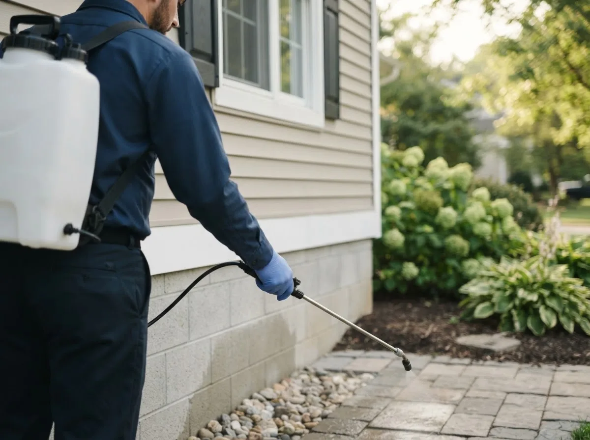 Pest control technician inspecting a home in Meshoppen, PA